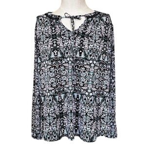 Liz Claiborne Career 1X Black Floral Blouse Shirt Crochet Tie Neck Long Length